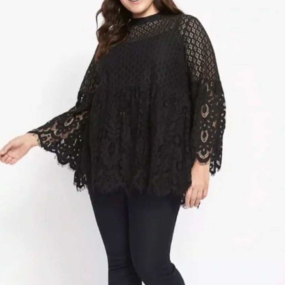 Lane Bryant Black Lace Sheer Baby Doll Flare Sleeve Blouse Top